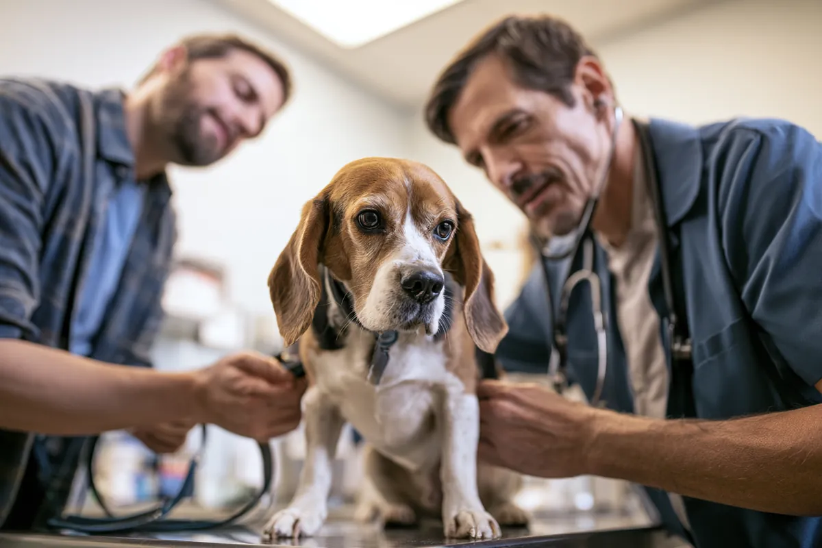 Veterinarian examining a beagle while its owner holds the leash, an urgent bill a $2,000 loan might cover