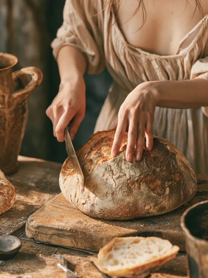 Hands slicing a fresh sourdough loaf on a wooden board, a reminder to borrow only the portion of a $2,000 loan you need