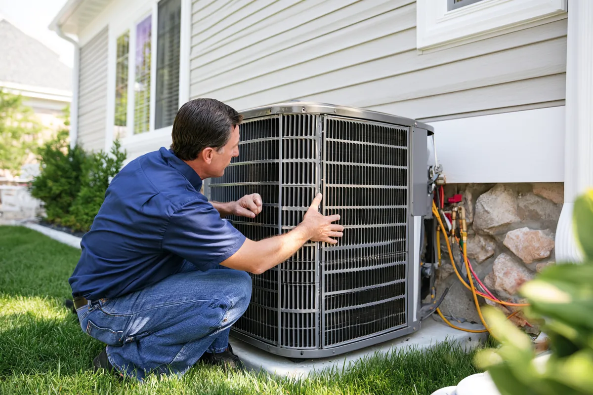 HVAC technician servicing an outdoor air conditioning unit, a common repair paid for with a $3,000 loan