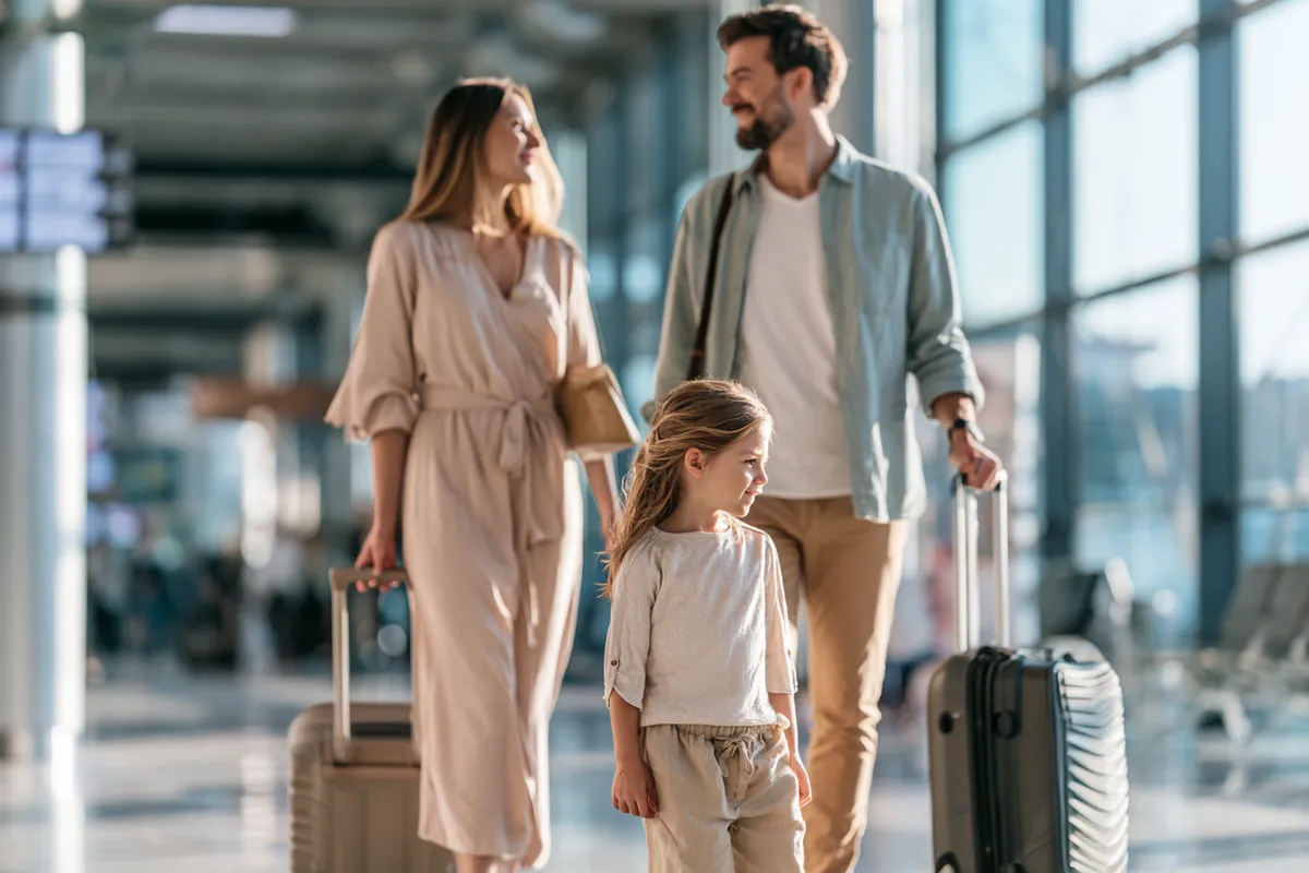 Family with rolling suitcases walking through a bright airport terminal on a trip funded with a $4,000 loan