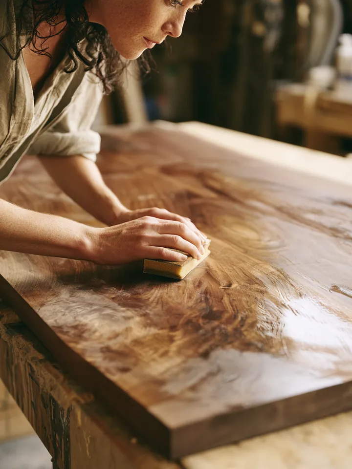 Hands sanding a walnut tabletop with a sanding block in a bright woodshop