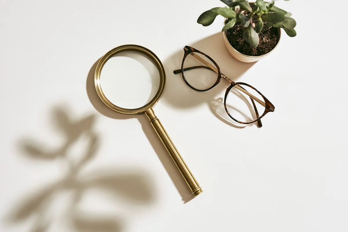 Brass magnifying glass, eyeglasses and a small potted plant on a white table, reviewing the Willow Lake Loan disclosure