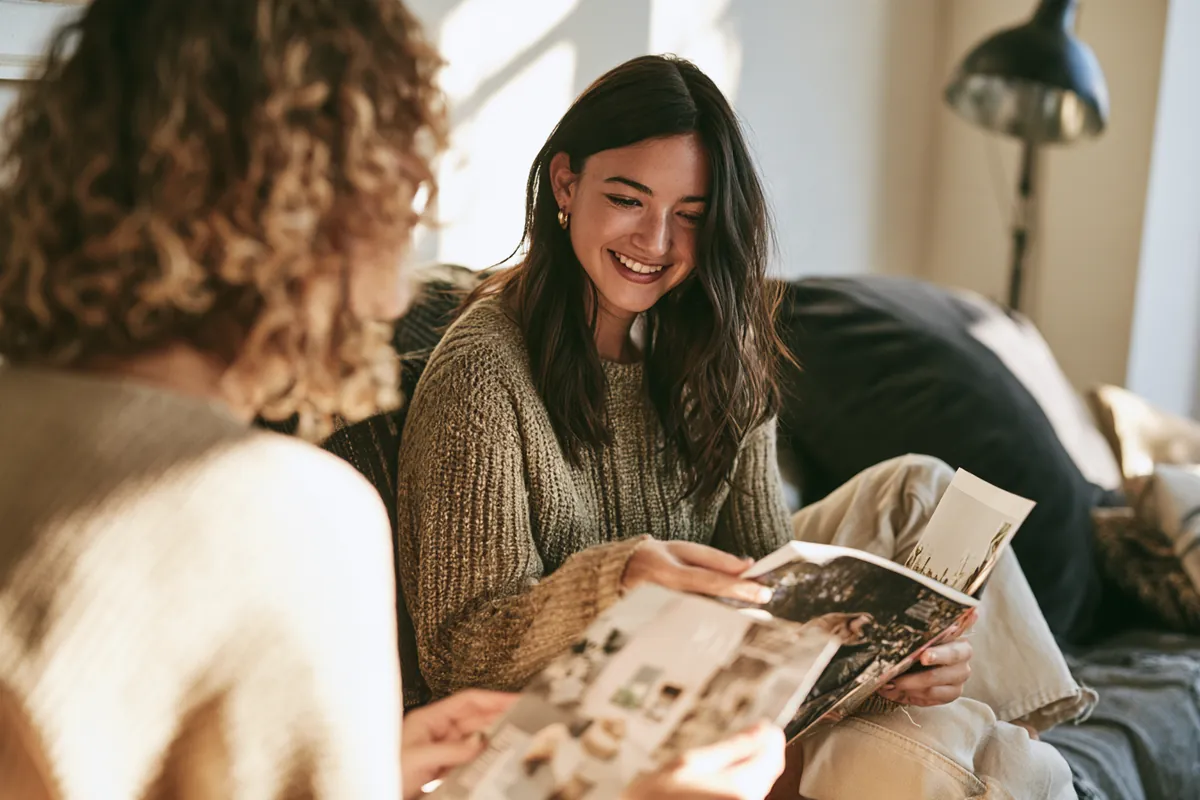 Two friends reading magazines on a sofa, browsing Willow Lake Loan blog guides