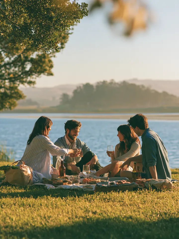 Friends in their 30s enjoying a relaxed picnic on a lawn beside a lake after paying down debt