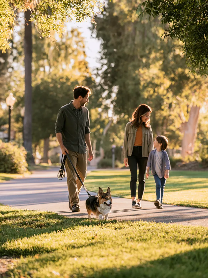 Family in their 40s strolling a park path with their corgi, relaxed after comparing loan rates
