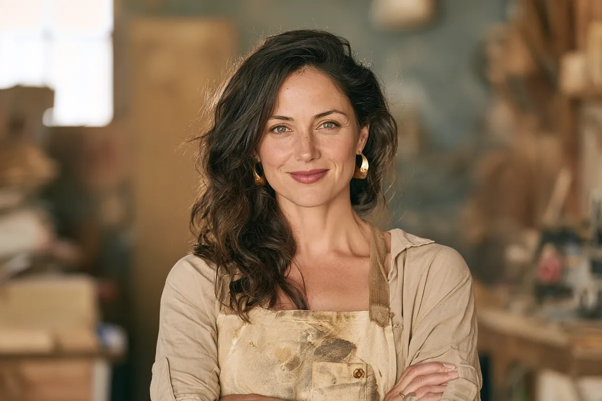 Carpenter in a canvas work apron in her woodshop, reviewing Willow Lake Loan eligibility for steady self-employed income