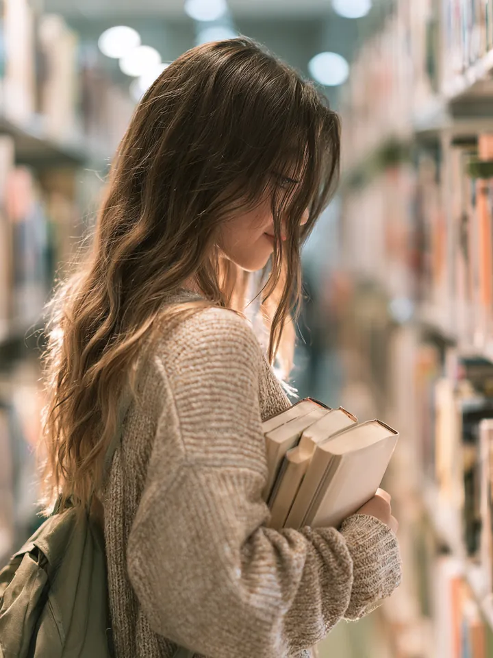 Student browsing tall shelves in a bright public library while researching borrowing terms