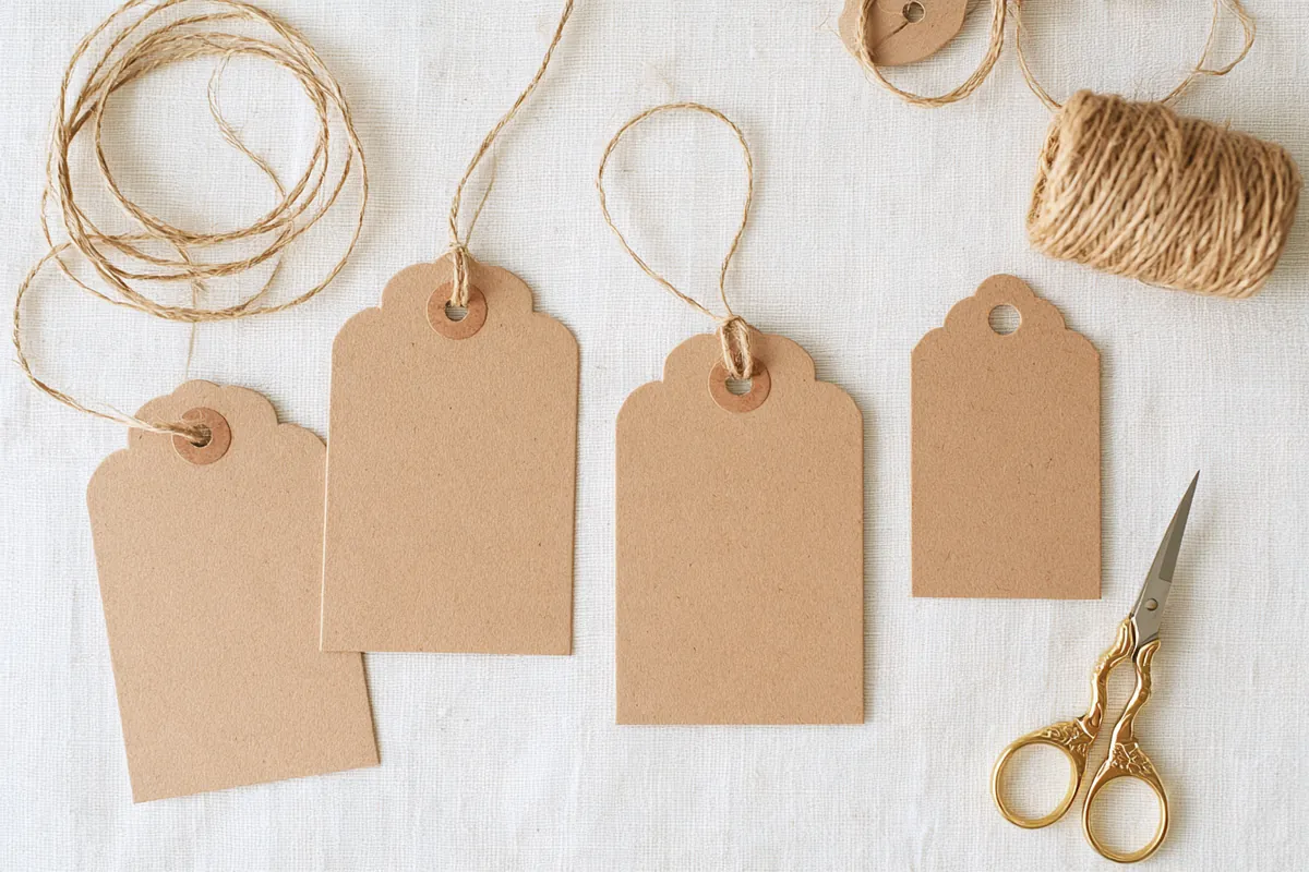 Kraft paper gift tags, natural twine and small scissors on a white table, ready for a Willow Lake Loan holiday budget plan