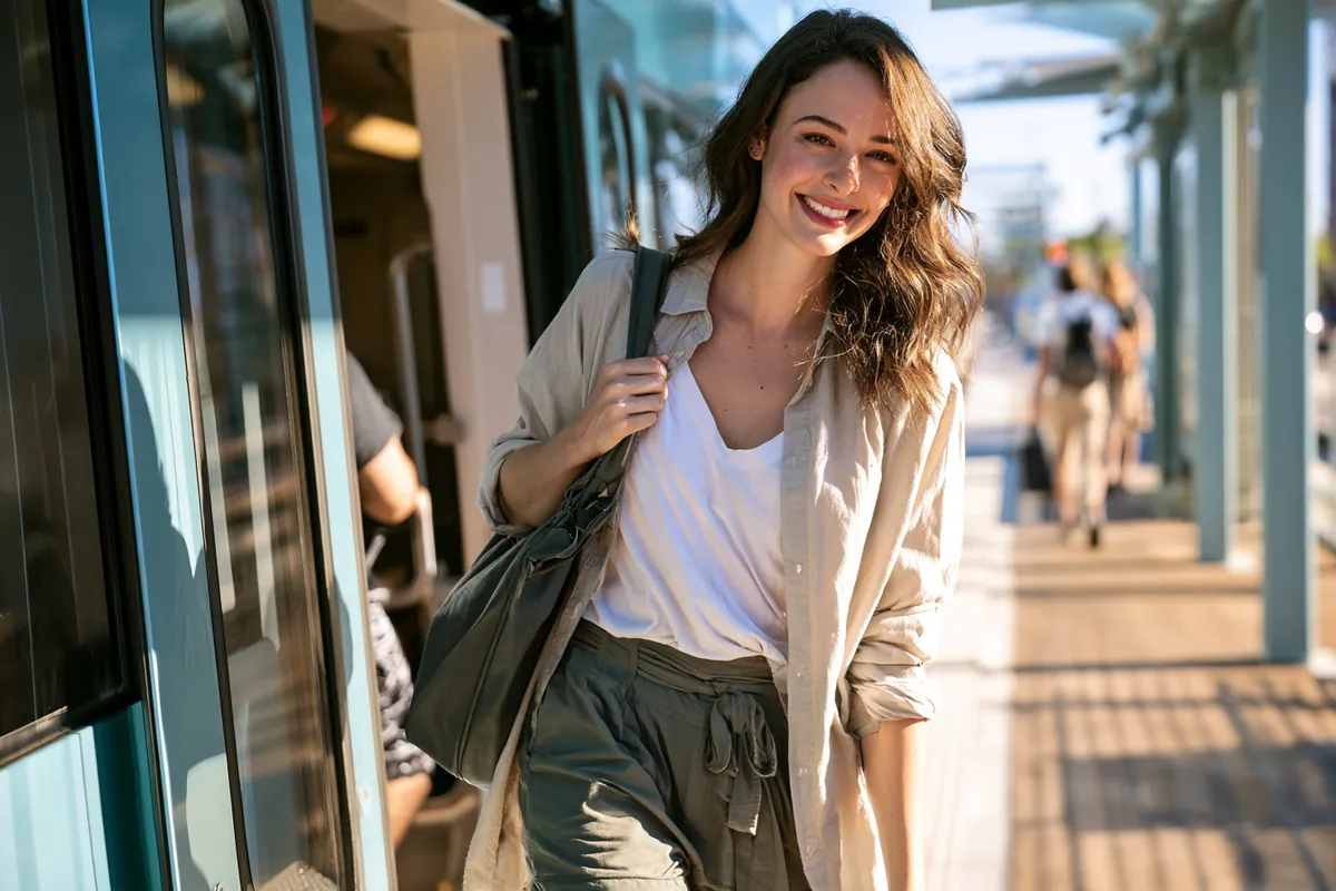 Woman stepping off a light-rail train onto a sunny platform, on her way to check a Willow Lake Loan funding timeline