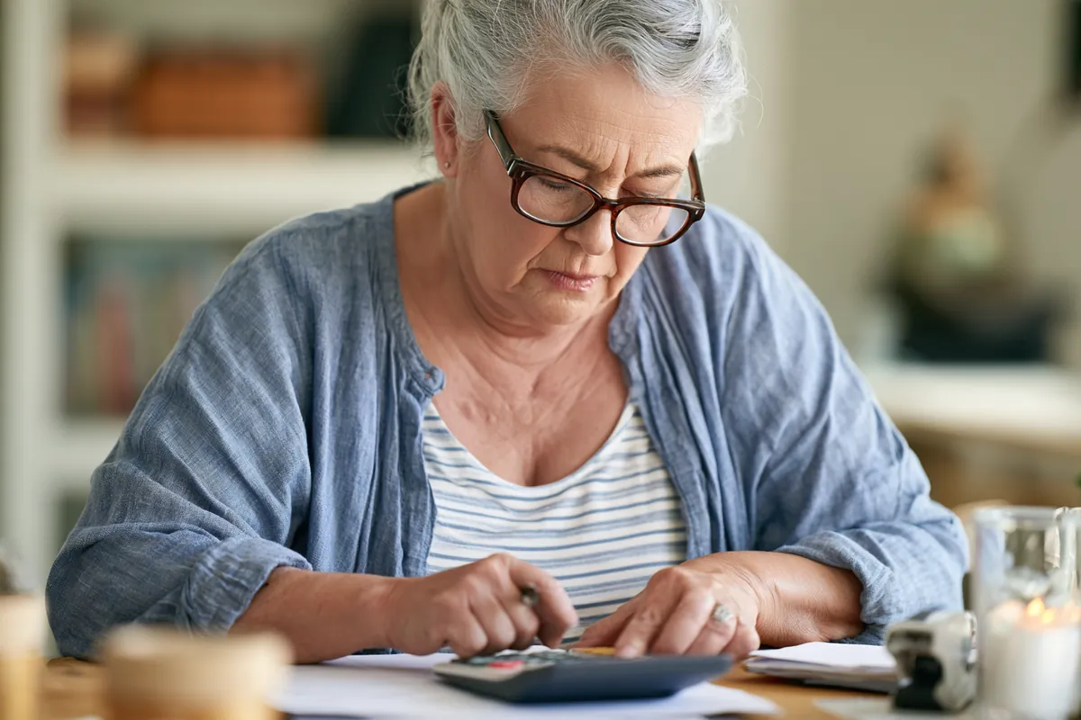 Woman working out a Willow Lake Loan installment payment on a calculator at a tidy home desk