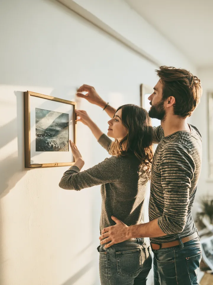 Young couple hanging a framed print on a fresh white wall in their new apartment after planning their monthly payments