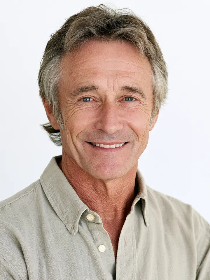 Smiling man in his 60s on a soft white backdrop after choosing the lower-cost loan offer