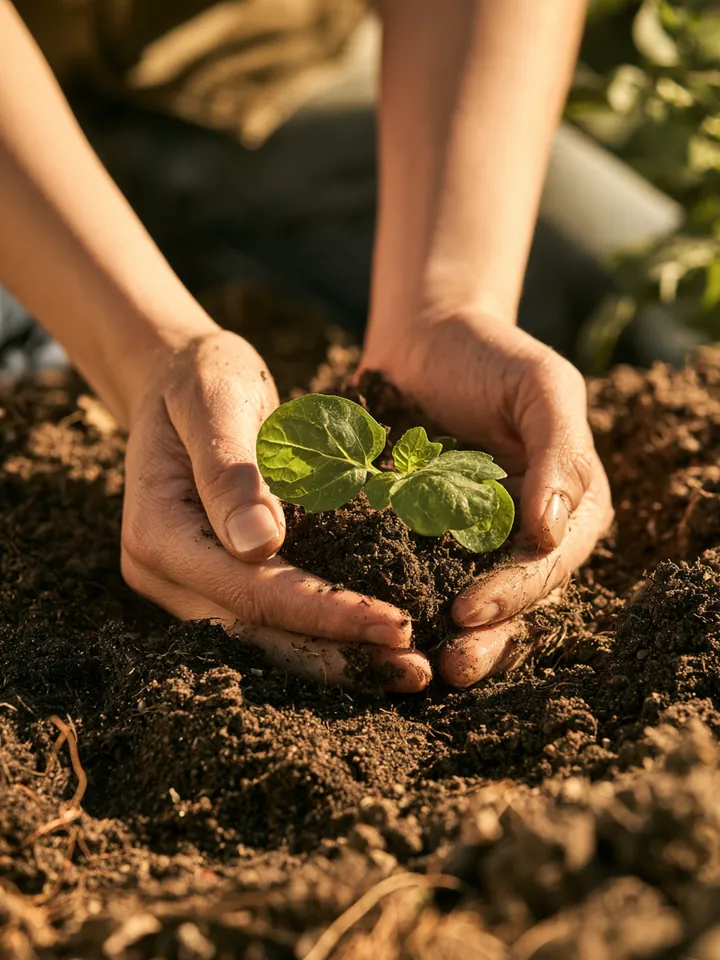 Hands planting a seedling in a backyard garden bed, a picture of steady long-term financial growth