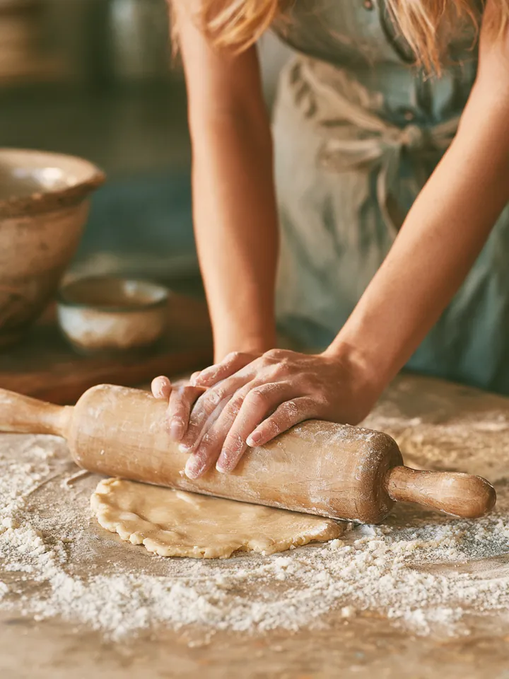 Hands rolling cookie dough with a wooden rolling pin on a floured counter while planning holiday costs