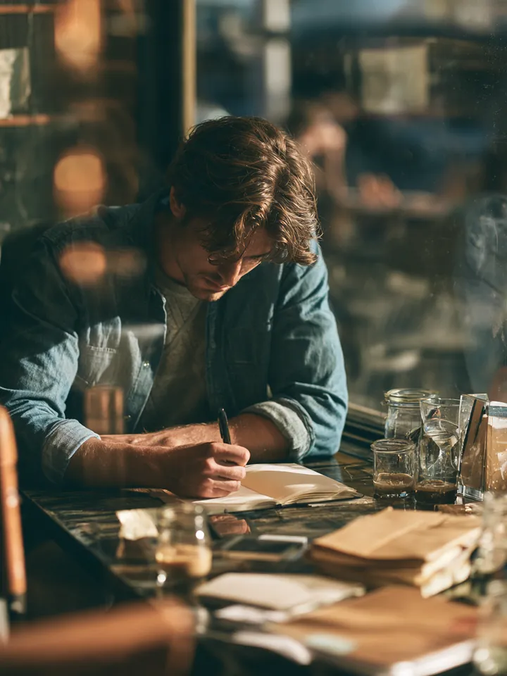 Young man writing notes at a cafe window seat while comparing cash advance fees with personal loan costs
