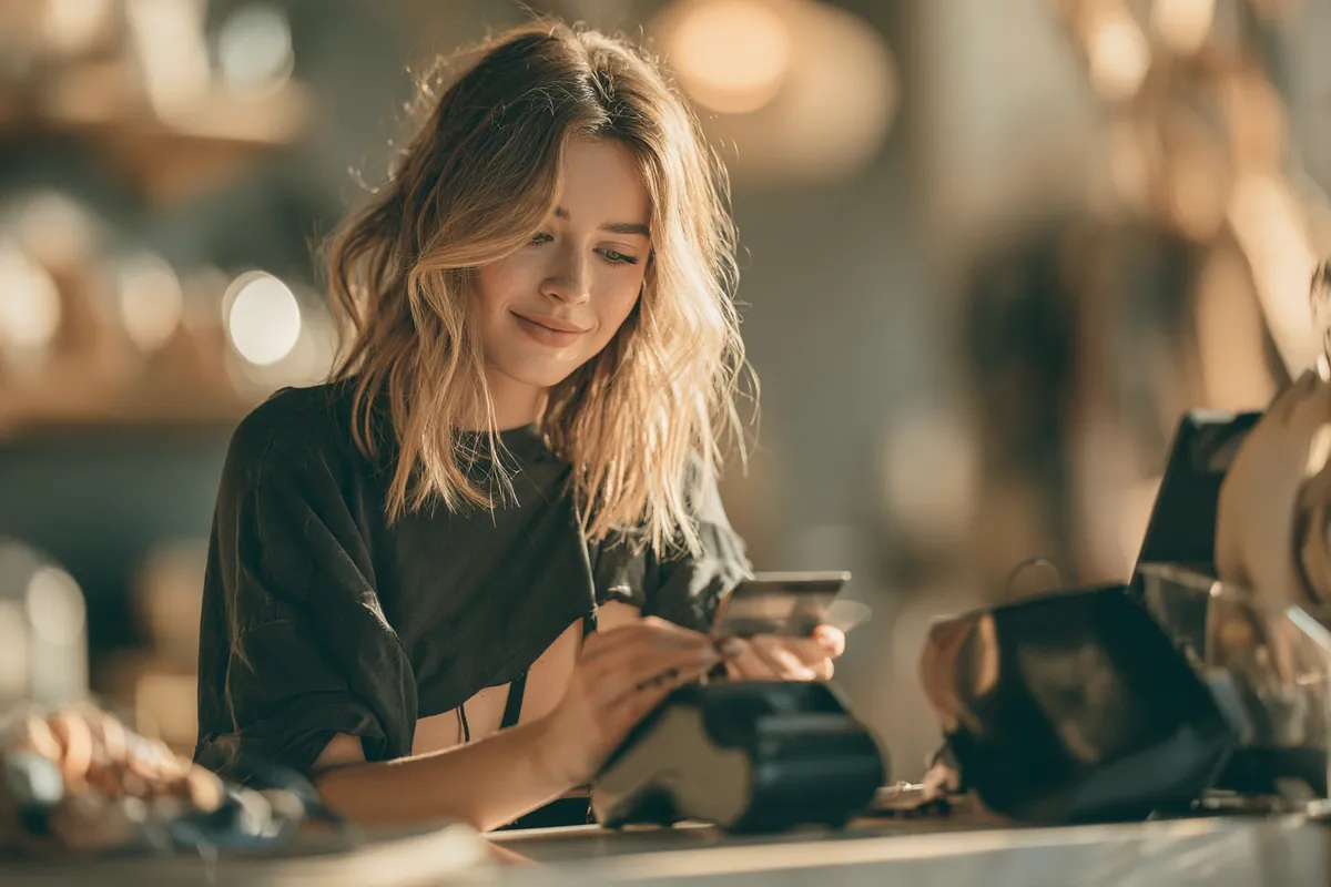 Young woman tapping a card at a boutique checkout counter while weighing a Willow Lake Loan personal loan option