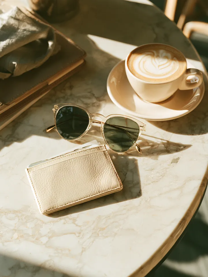Flat lay of a slim leather cardholder, sunglasses and a flat white coffee on a marble cafe table