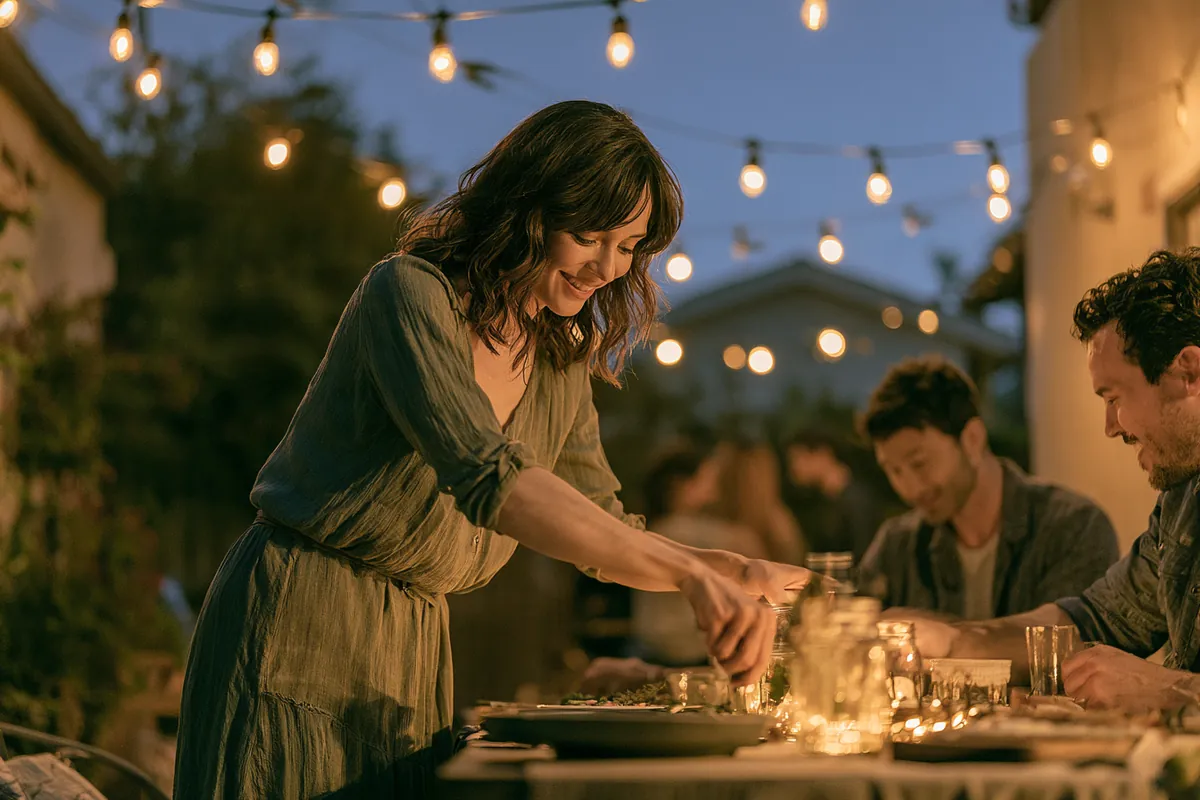 Family setting a backyard dinner table under string lights after planning expenses with Willow Lake Loan