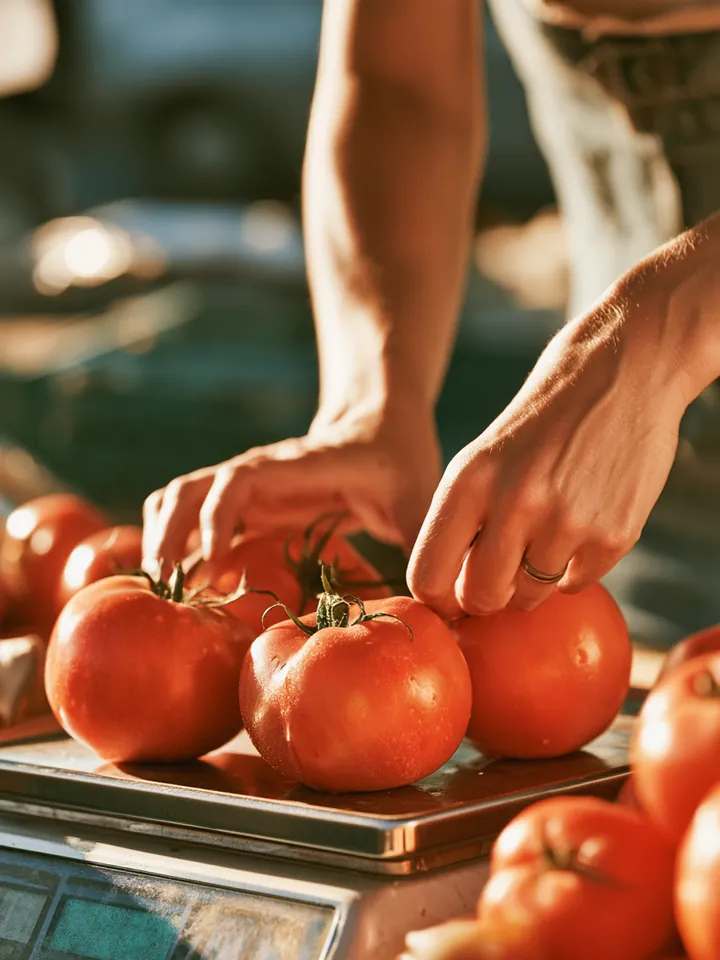 Hands placing ripe tomatoes on a produce scale at a farmers market stall to weigh the price