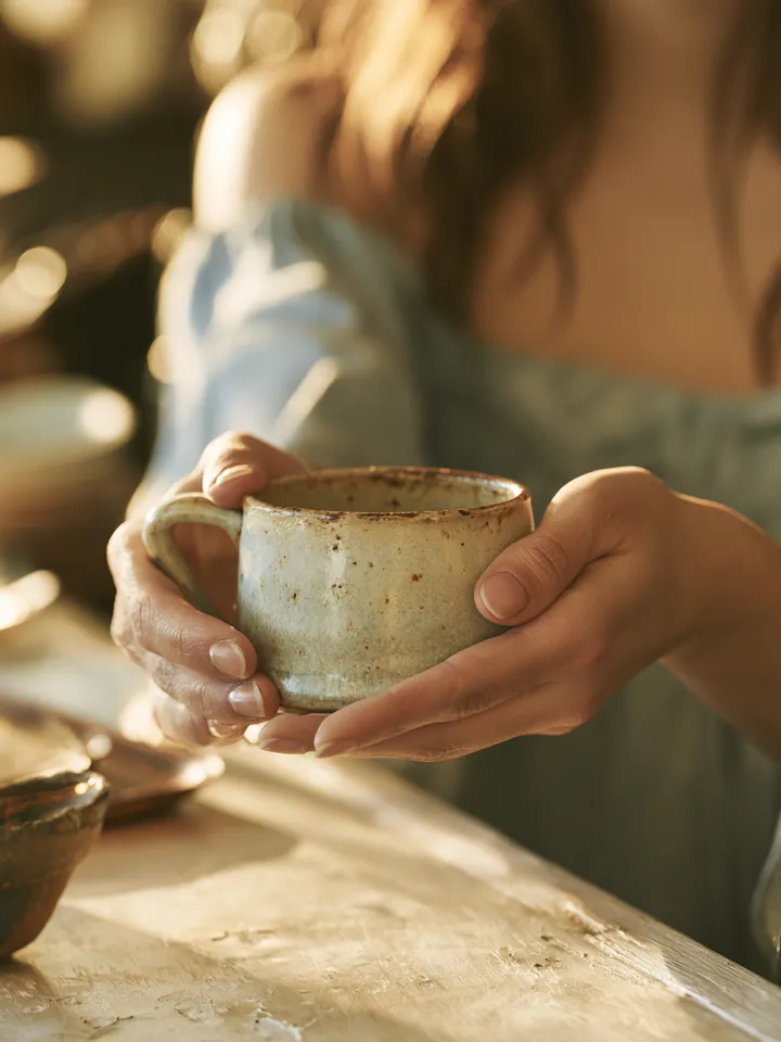 Hands passing a handmade ceramic mug across a pale wood cafe counter, a symbol of sharing honest feedback