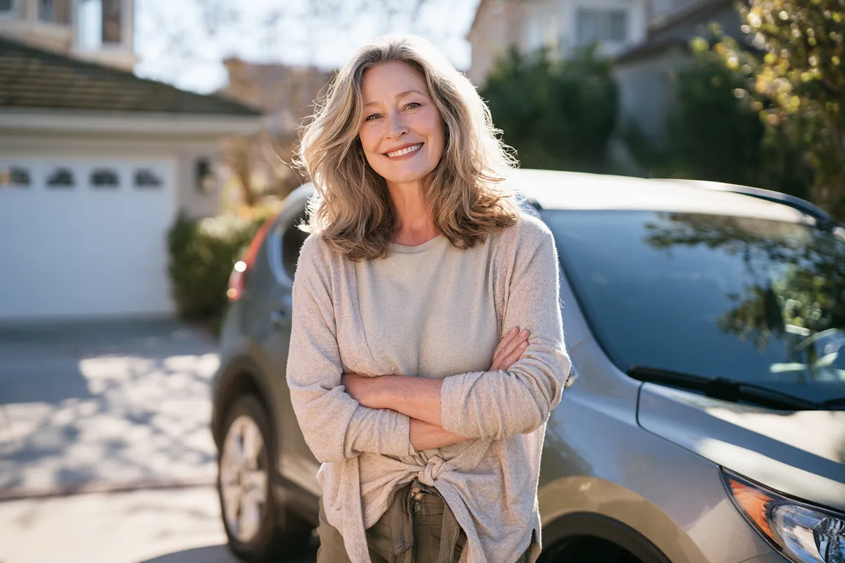 Woman in her 60s beside her compact SUV in a sunny driveway, weighing a Willow Lake Loan secured option